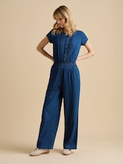 Brakeburn Blue Spot Denim Wide Leg 100% Cotton Jumpsuit - Image 1 of 5