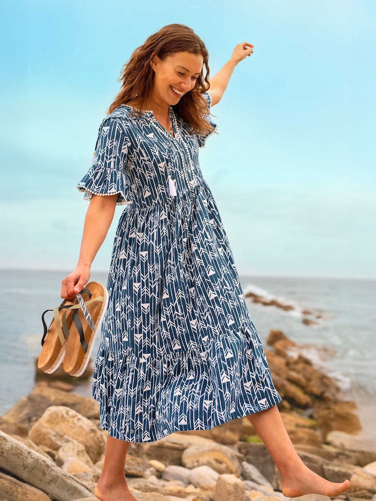 Brakeburn Blue Arrows Midi 100% Cotton Dress - Image 1 of 6