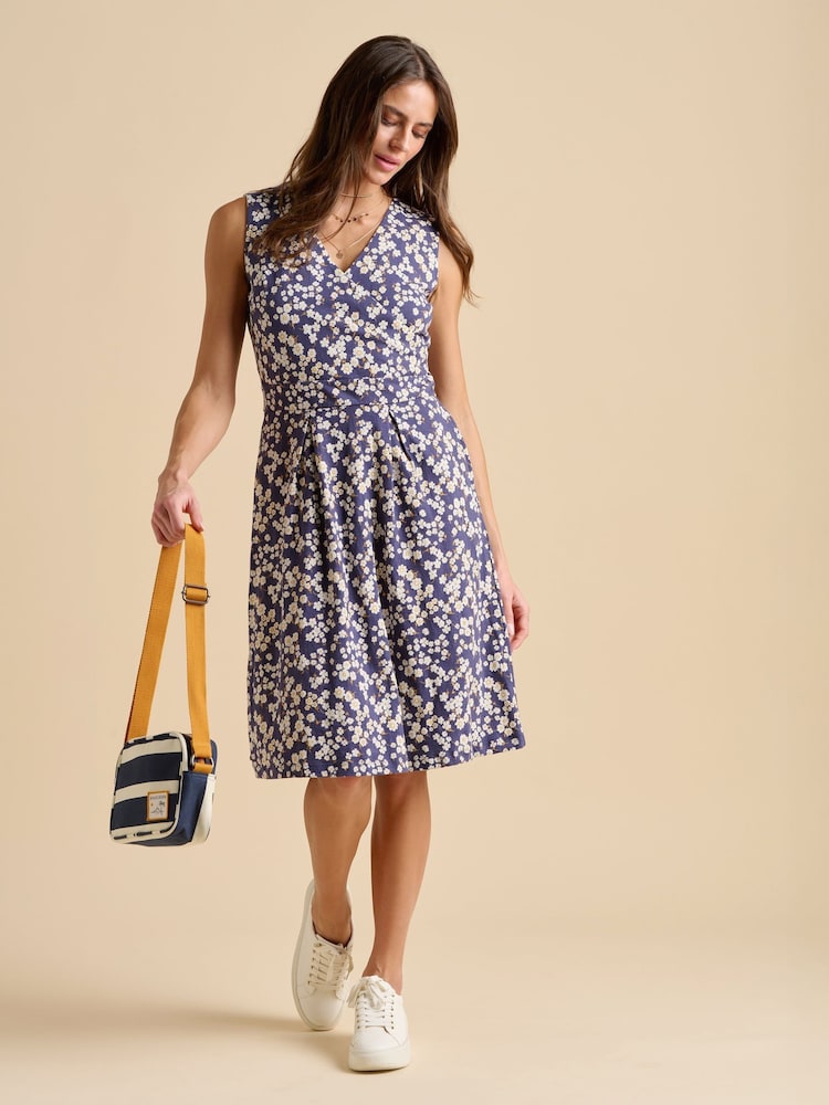 Brakeburn Blue 100% Cotton Floating Daisy Knee Length Dress - Image 4 of 4