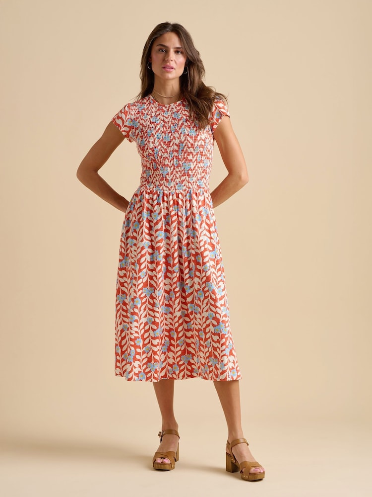 Brakeburn Red 100% Cotton Spring Vine Midi Dress - Image 2 of 6