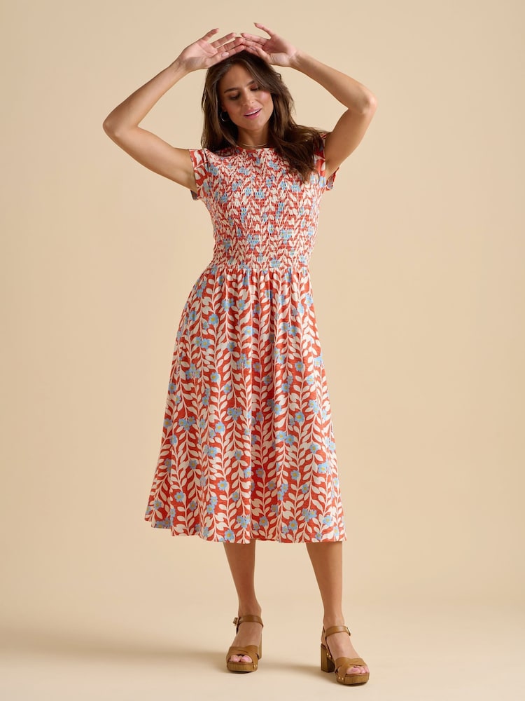 Brakeburn Red 100% Cotton Spring Vine Midi Dress - Image 6 of 6