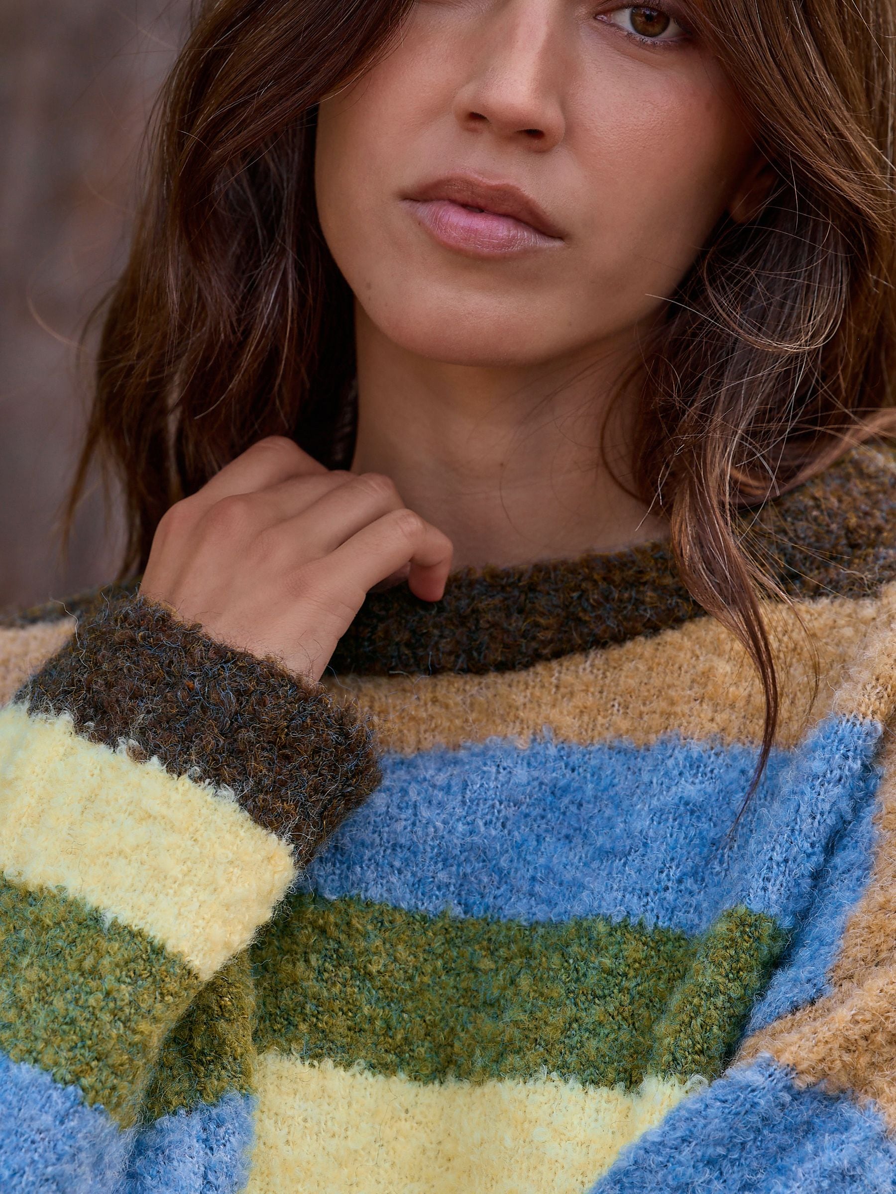 小物 TAN BOUCLE LONG GROVES [BABY BLUE] Buy Chocolate Brown/Blue Multi Stripe Boucle Crew Neck Jumper With