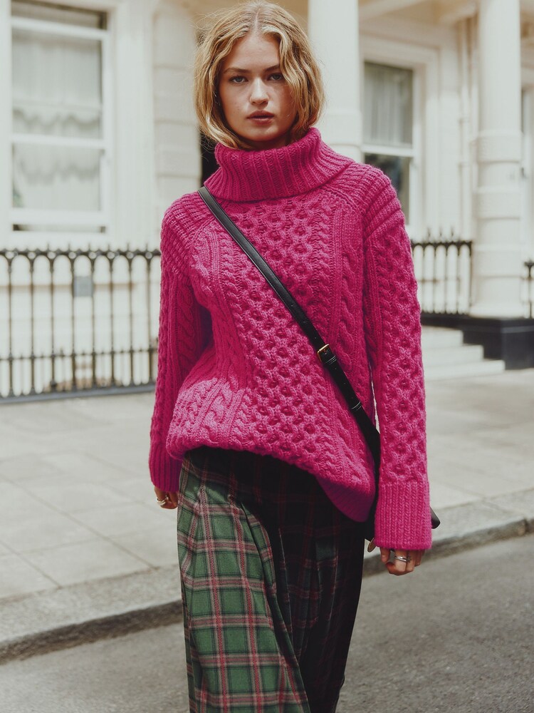 Bright Pink Roll Neck Cable Longline Jumper with Wool - Image 1 of 7
