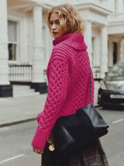 Bright Pink Roll Neck Cable Longline Jumper with Wool - Image 3 of 7