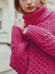 Bright Pink Roll Neck Cable Longline Jumper with Wool - Image 4 of 7
