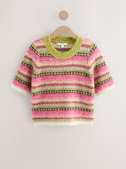 Pink Multi Stripe Ribbed Crew Neck Knitted T-Shirt With Alpaca Wool - Image 1 of 3