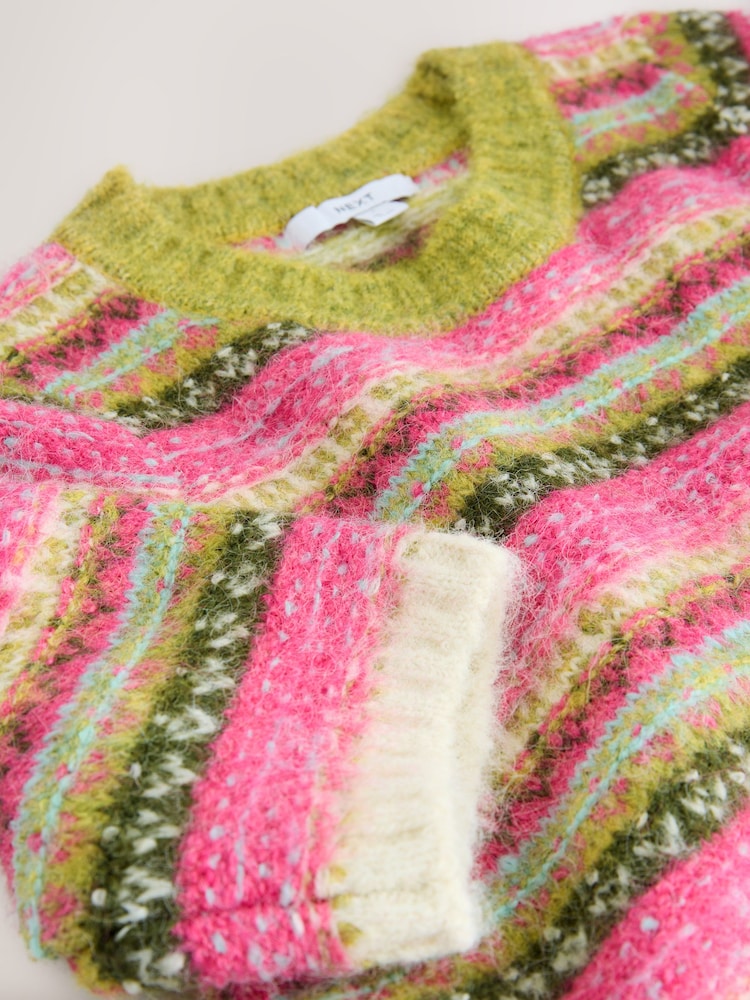 Pink Multi Stripe Ribbed Crew Neck Knitted T-Shirt With Alpaca Wool - Image 3 of 3 Pink Multi Stripe Ribbed Crew Neck Knitted T-Shirt With Alpaca Wool - Image 3 of 3