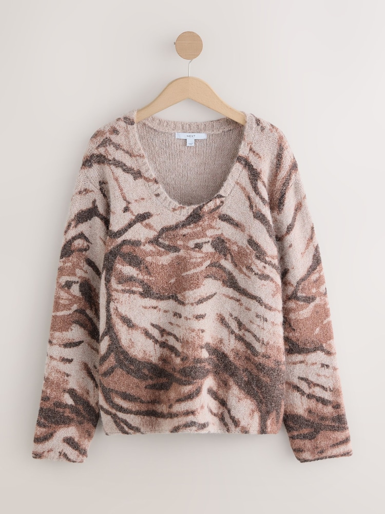 Brown Zebra Scoop Neck Jumper With Wool - Image 1 of 3 Brown Zebra Scoop Neck Jumper With Wool - Image 1 of 3