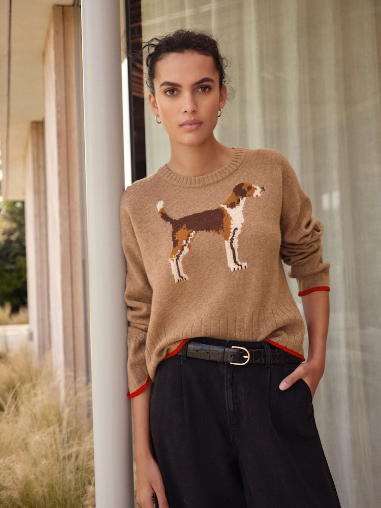 Camel Brown Dog Graphic 100% Lambswool N.Premium Crew Neck Jumper - Image 1 of 5