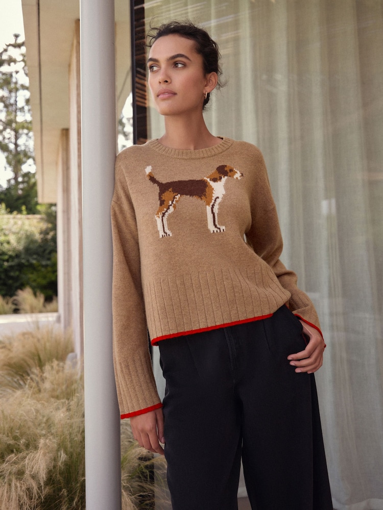 Camel Brown Dog Graphic 100% Lambswool N.Premium Crew Neck Jumper - Image 2 of 5