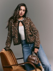 Leopard Animal Embellished Collar Brushed Crew Neck Cardigan - Image 1 of 8