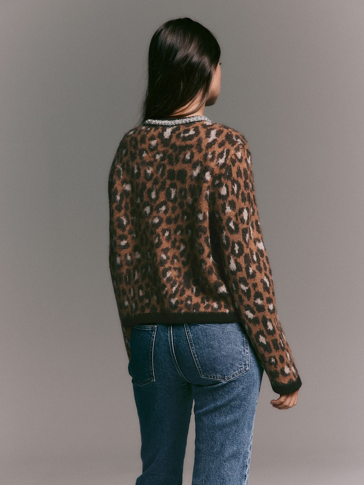 Leopard Animal Embellished Collar Brushed Crew Neck Cardigan - Image 2 of 8