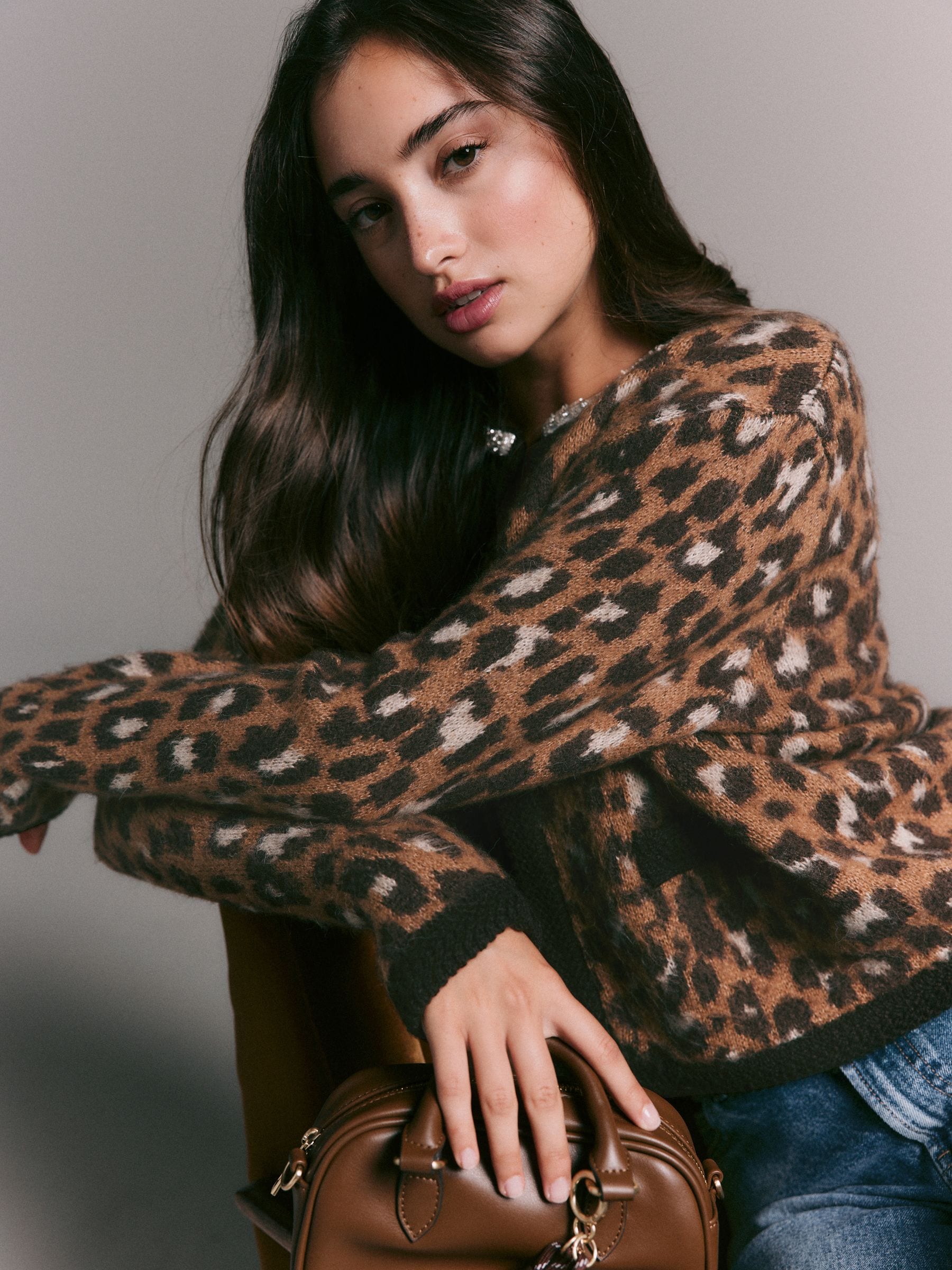 Buy Leopard Print Embellished Collar Brushed Crew Neck Cardigan