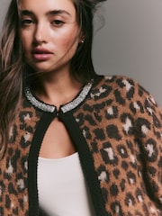 Leopard Animal Embellished Collar Brushed Crew Neck Cardigan - Image 5 of 8