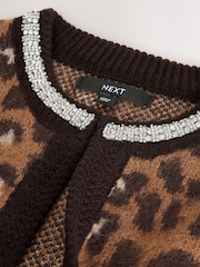 Leopard Animal Embellished Collar Brushed Crew Neck Cardigan - Image 6 of 8