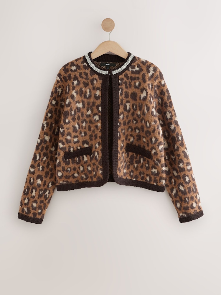 Leopard Animal Embellished Collar Brushed Crew Neck Cardigan - Image 8 of 8