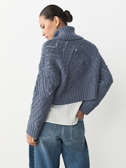 Blue Neppy Cable Knit Roll Neck Jumper - Image 3 of 8