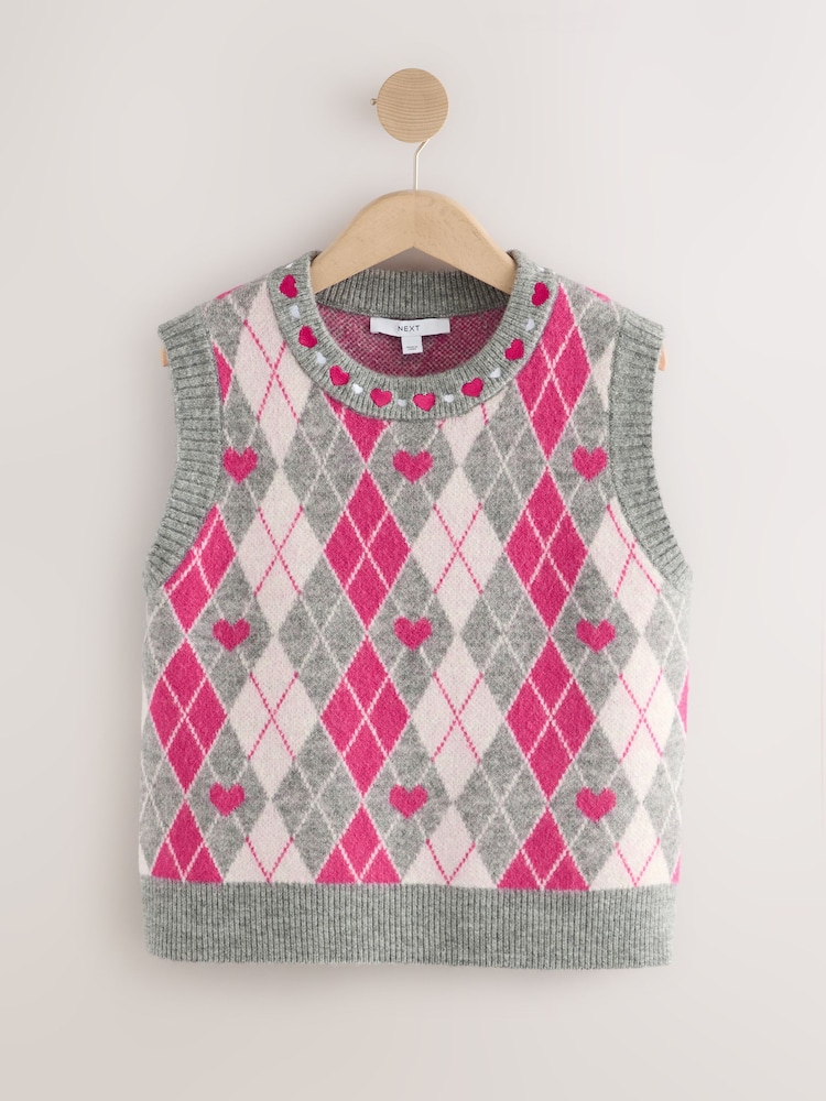 Grey/Bright Pink Argyle Pattern Crew Neck Knitted Sleeveless Tank - Image 1 of 3