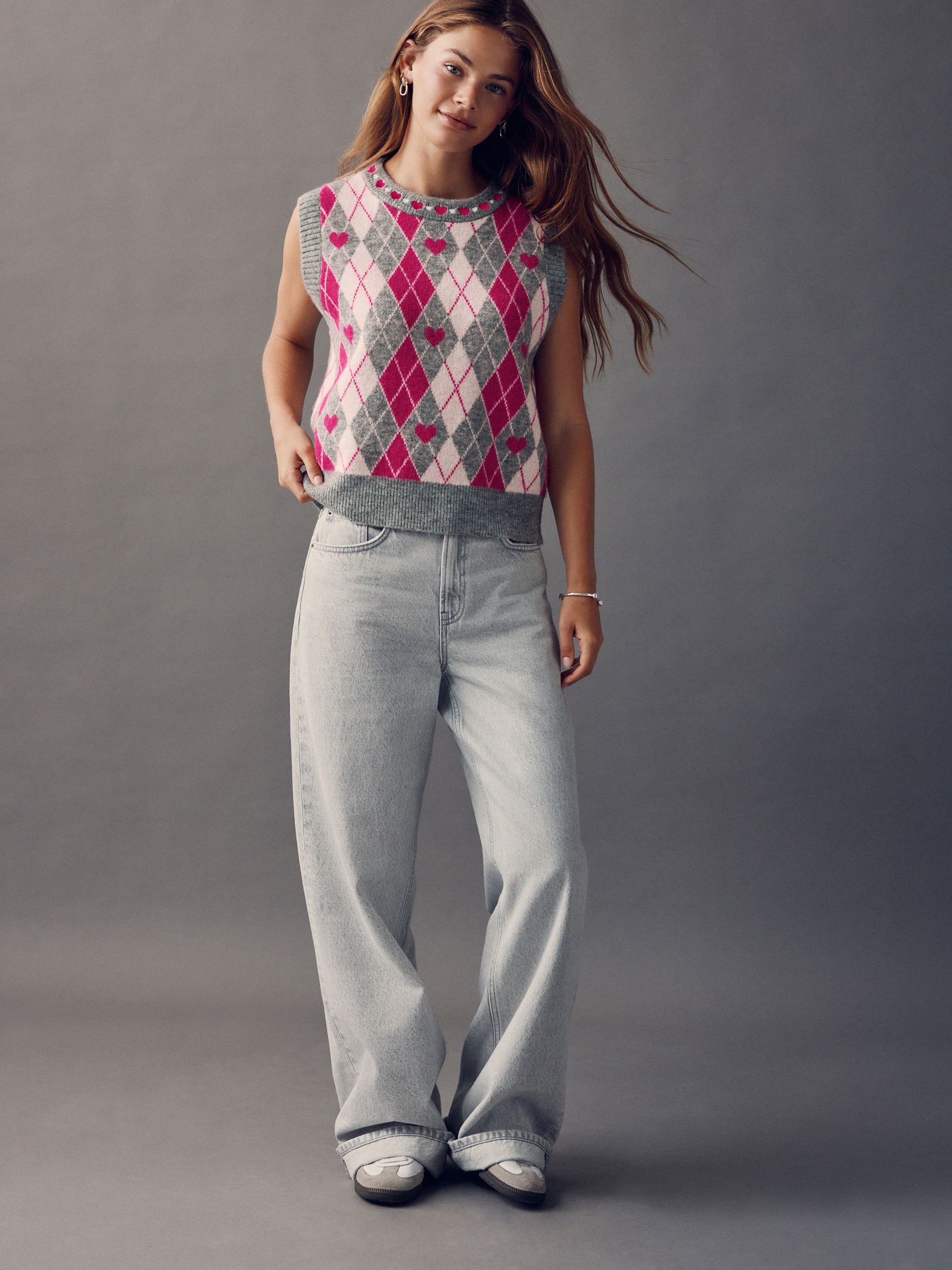 Buy Grey/Bright Pink Argyle Sleeveless Knitted Tank With Wool from