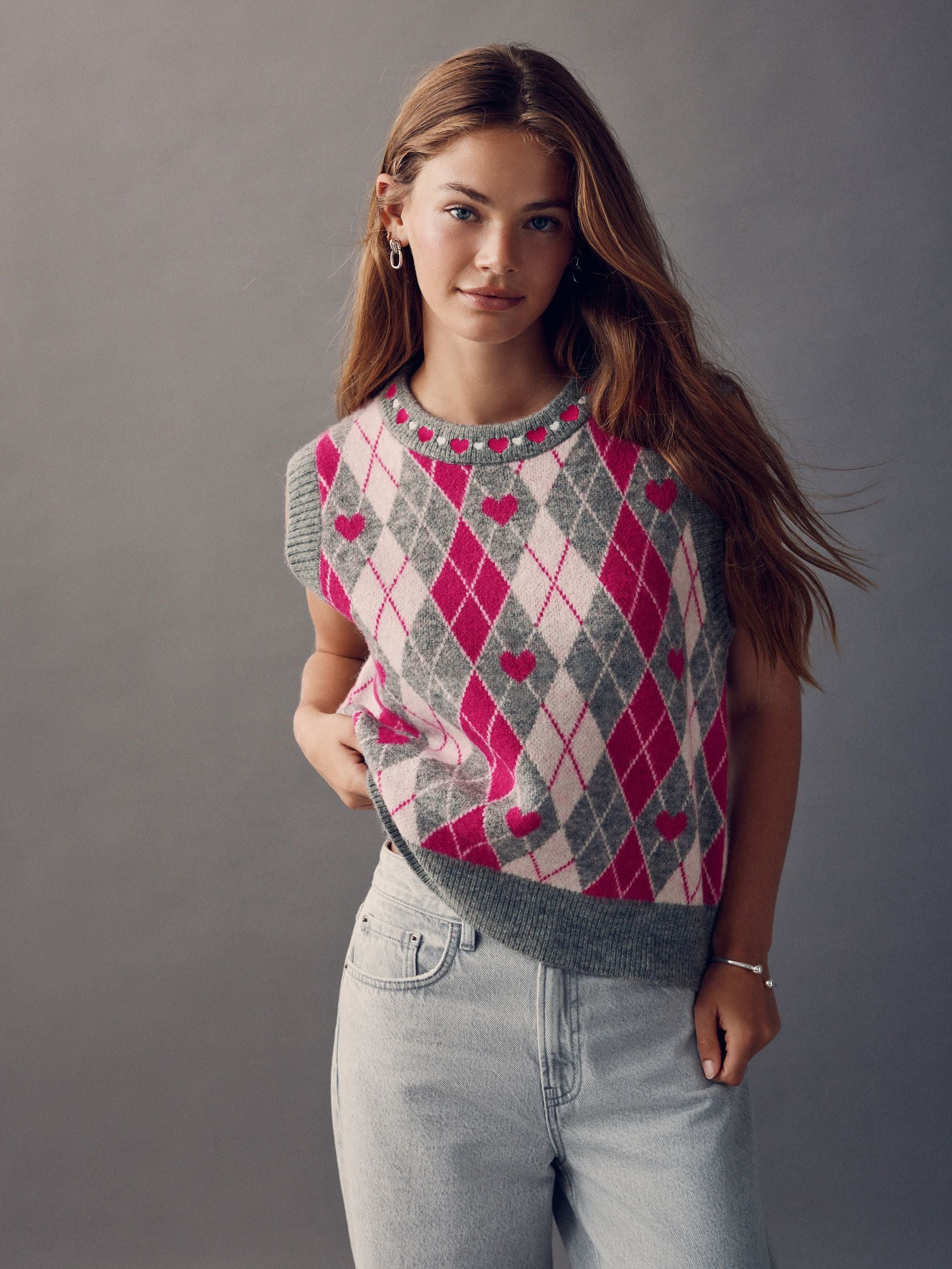 Buy Grey/Bright Pink Argyle Sleeveless Knitted Tank With Wool from