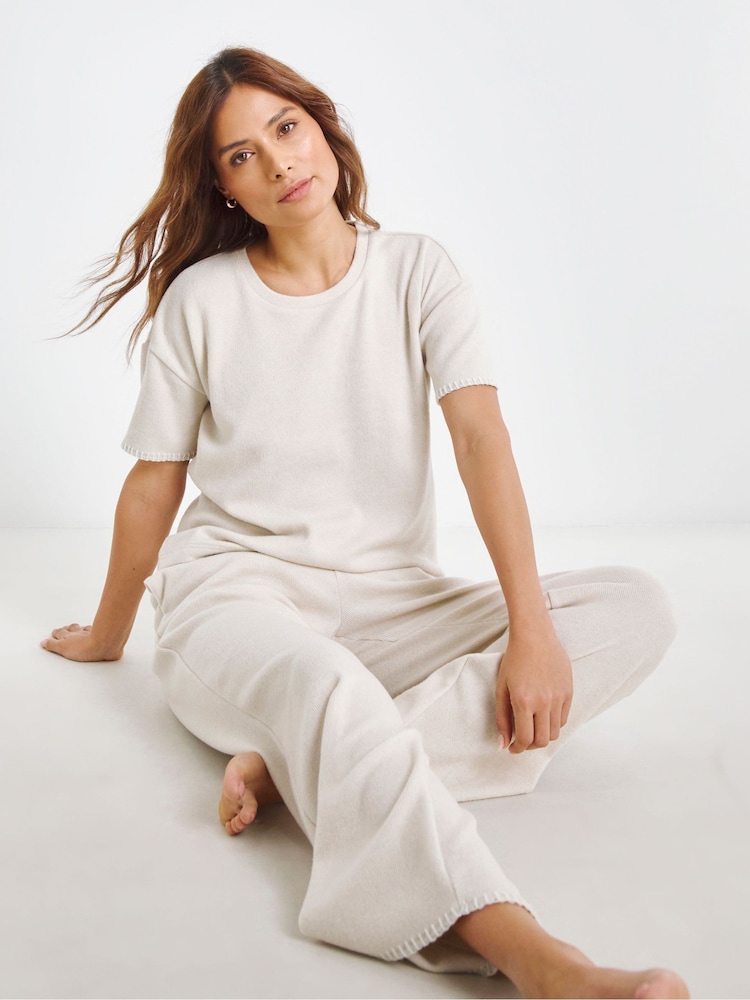 JD Williams Cream Blanket Stitch Butter Soft Wide Leg Lounge 100% Cotton Set - Image 1 of 4