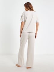 JD Williams Cream Blanket Stitch Butter Soft Wide Leg Lounge 100% Cotton Set - Image 2 of 4