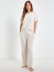 JD Williams Cream Blanket Stitch Butter Soft Wide Leg Lounge 100% Cotton Set - Image 4 of 4