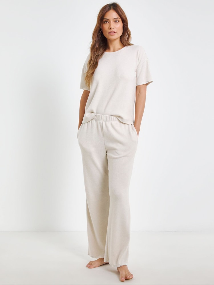 JD Williams Cream Blanket Stitch Butter Soft Wide Leg Lounge 100% Cotton Set - Image 4 of 4