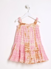 River Island Pink Girls 100% Cotton Broidery Tie Dye Dress - Image 1 of 4