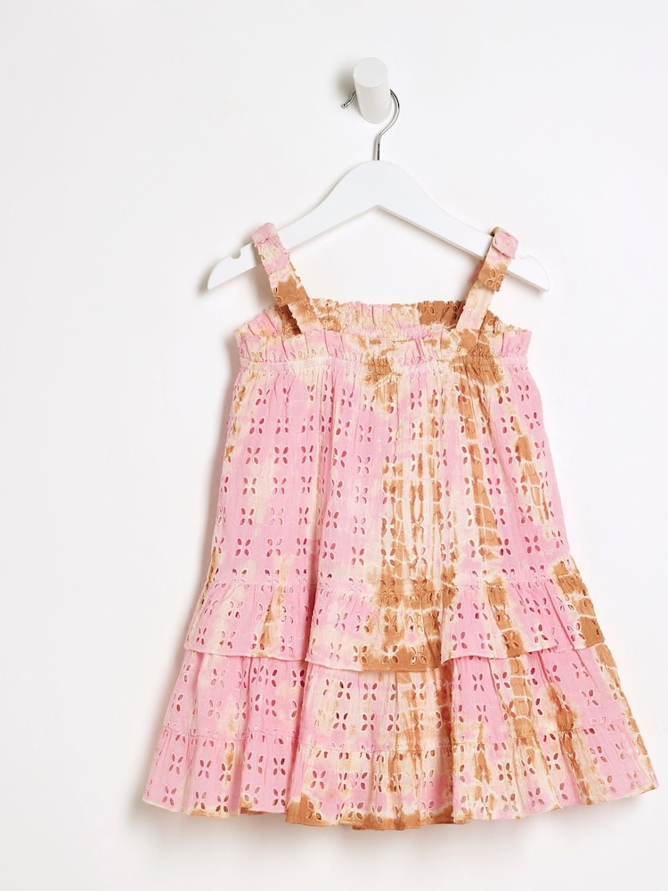 River Island Pink Girls 100% Cotton Broidery Tie Dye Dress - Image 2 of 4 River Island Pink Girls 100% Cotton Broidery Tie Dye Dress - Image 2 of 4