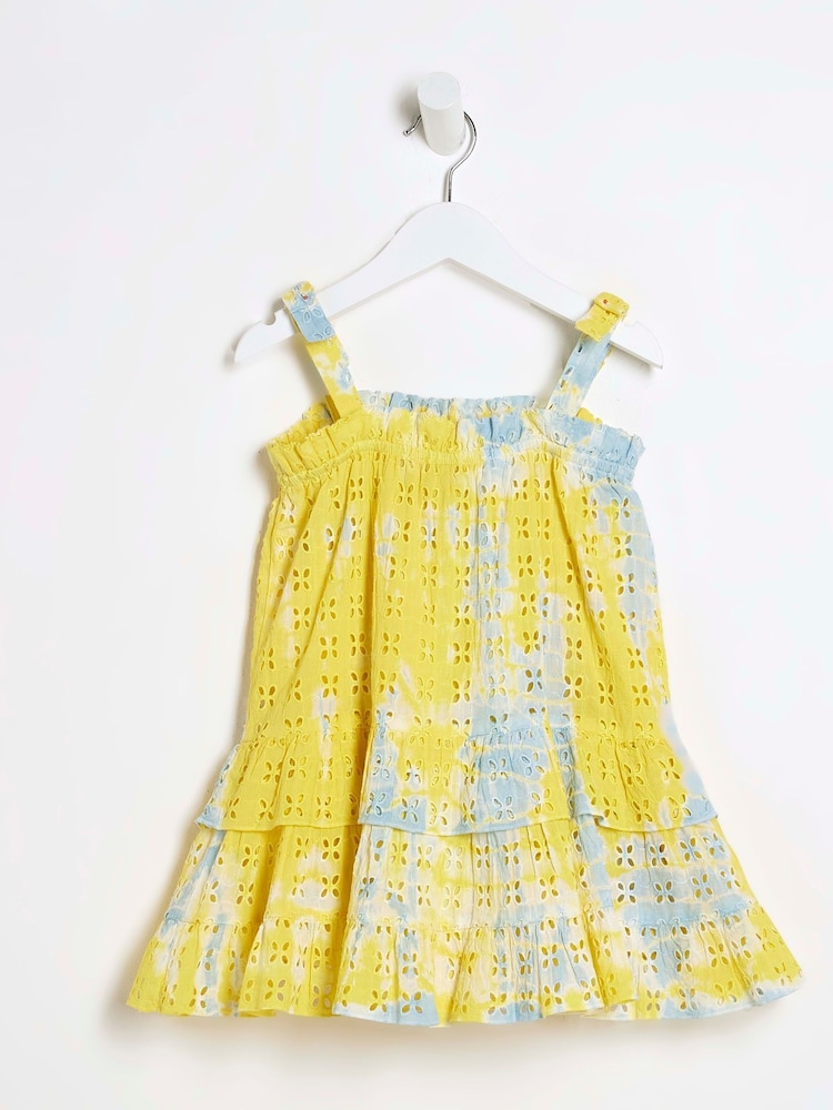 River Island Yellow Girls 100% Cotton Broidery Tie Dye Dress - Image 1 of 4