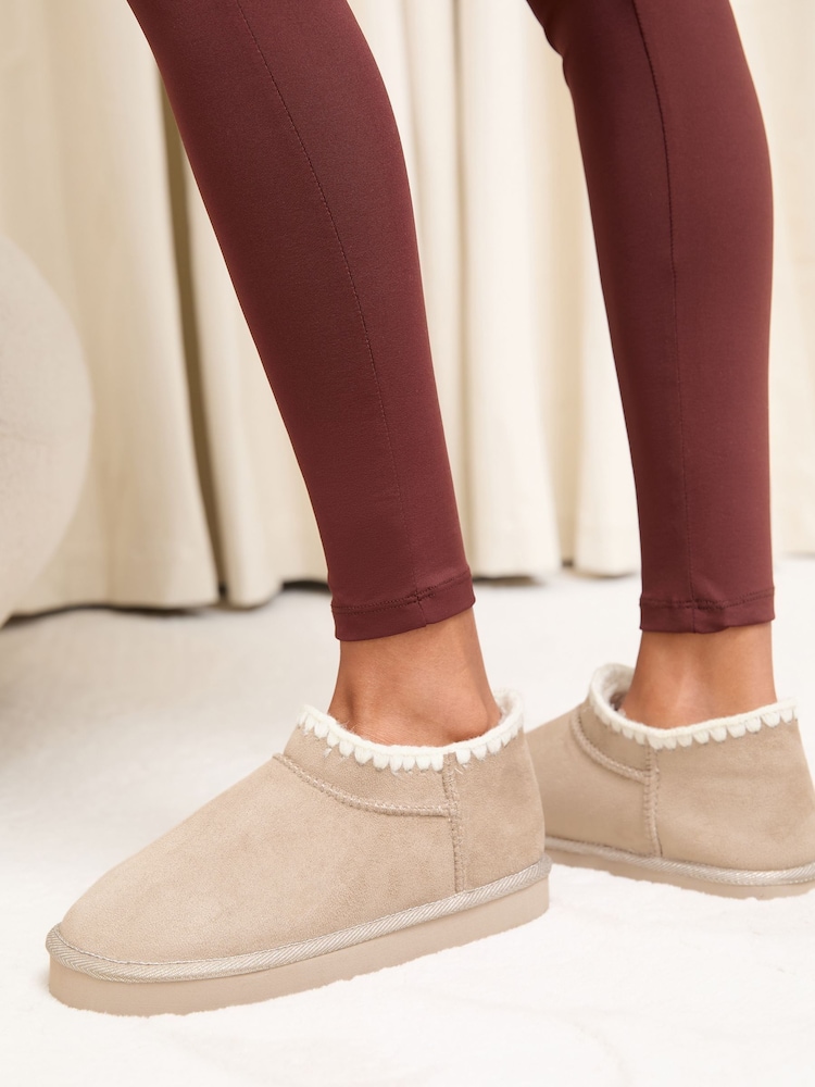 Lipsy Taupe Faux Fur Whipstitch Detail Platform Bootie Nightwear Slippers - Image 1 of 5