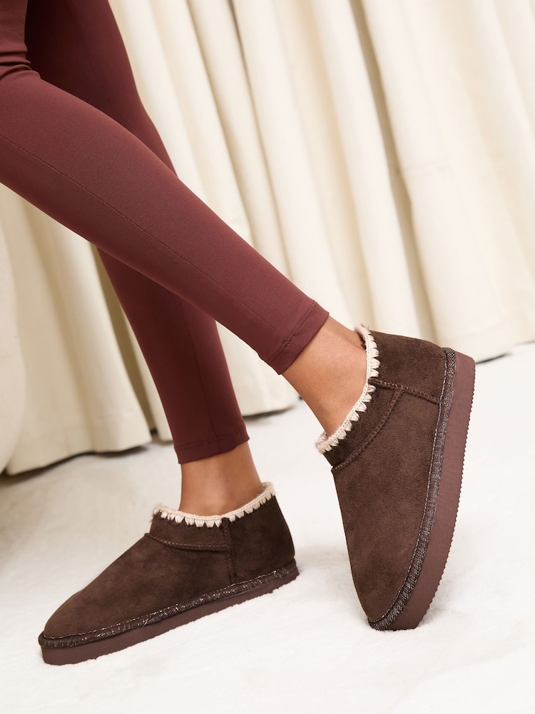 Lipsy Chocolate Brown Faux Fur Whipstitch Detail Platform Bootie Nightwear Slippers - Image 4 of 4