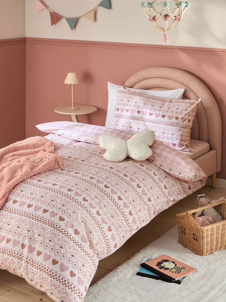 Pink Fairisle Heart Super Soft Brushed Cotton Duvet Cover and Pillowcase Set - Image 1 of 5