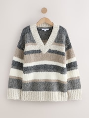 Grey and Neutral Stripe Textured V-Neck Longline Jumper - Image 1 of 3