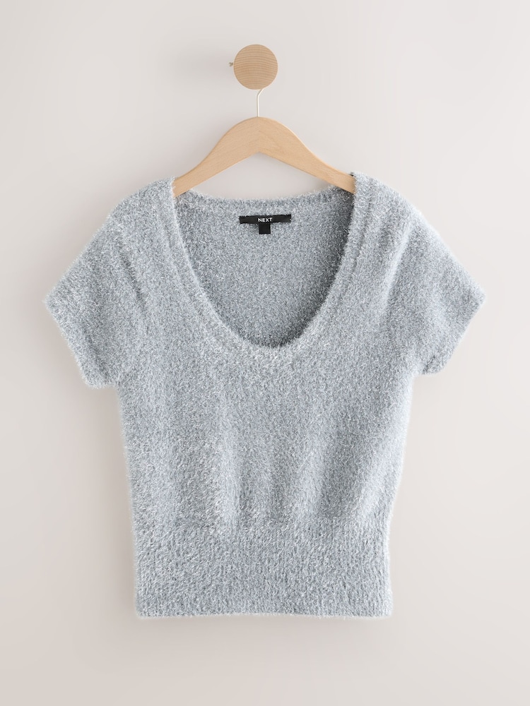 Silver Sparkle Scoop Neck Waisted T-Shirt - Image 1 of 3