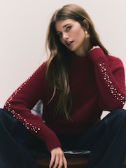Burgundy Gem Embellished Sleeve Jumper with Wool - Image 1 of 9