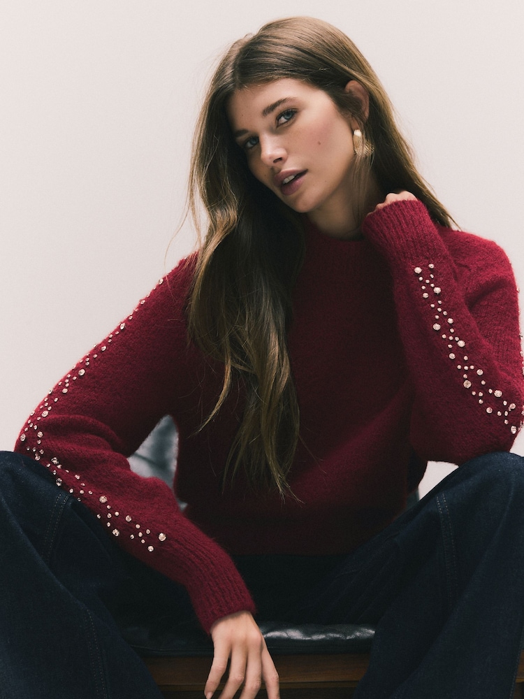 Burgundy Gem Embellished Sleeve Jumper with Wool - Image 1 of 9