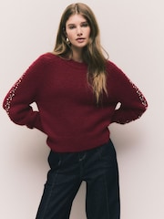 Burgundy Gem Embellished Sleeve Jumper with Wool - Image 2 of 9