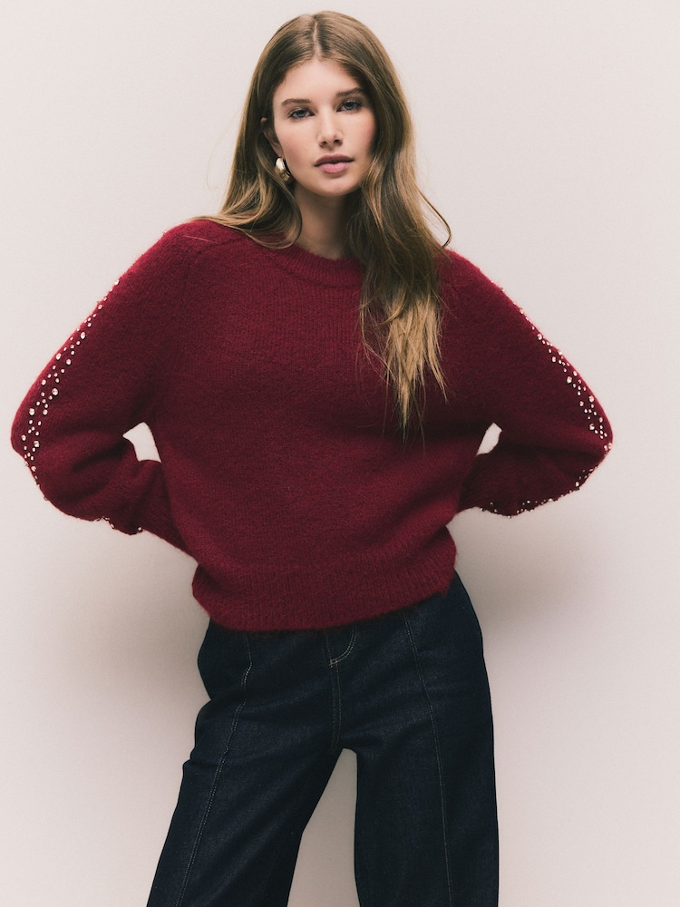 Burgundy Gem Embellished Sleeve Jumper with Wool - Image 2 of 9