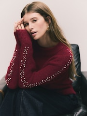 Burgundy Gem Embellished Sleeve Jumper with Wool - Image 4 of 9