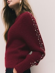 Burgundy Gem Embellished Sleeve Jumper with Wool - Image 6 of 9