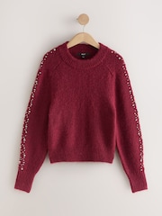 Burgundy Gem Embellished Sleeve Jumper with Wool - Image 7 of 9