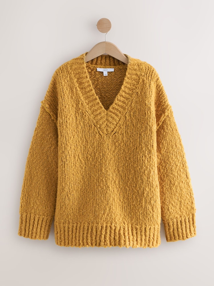 Ochre Yellow Textured V-Neck Longline Jumper - Image 1 of 3