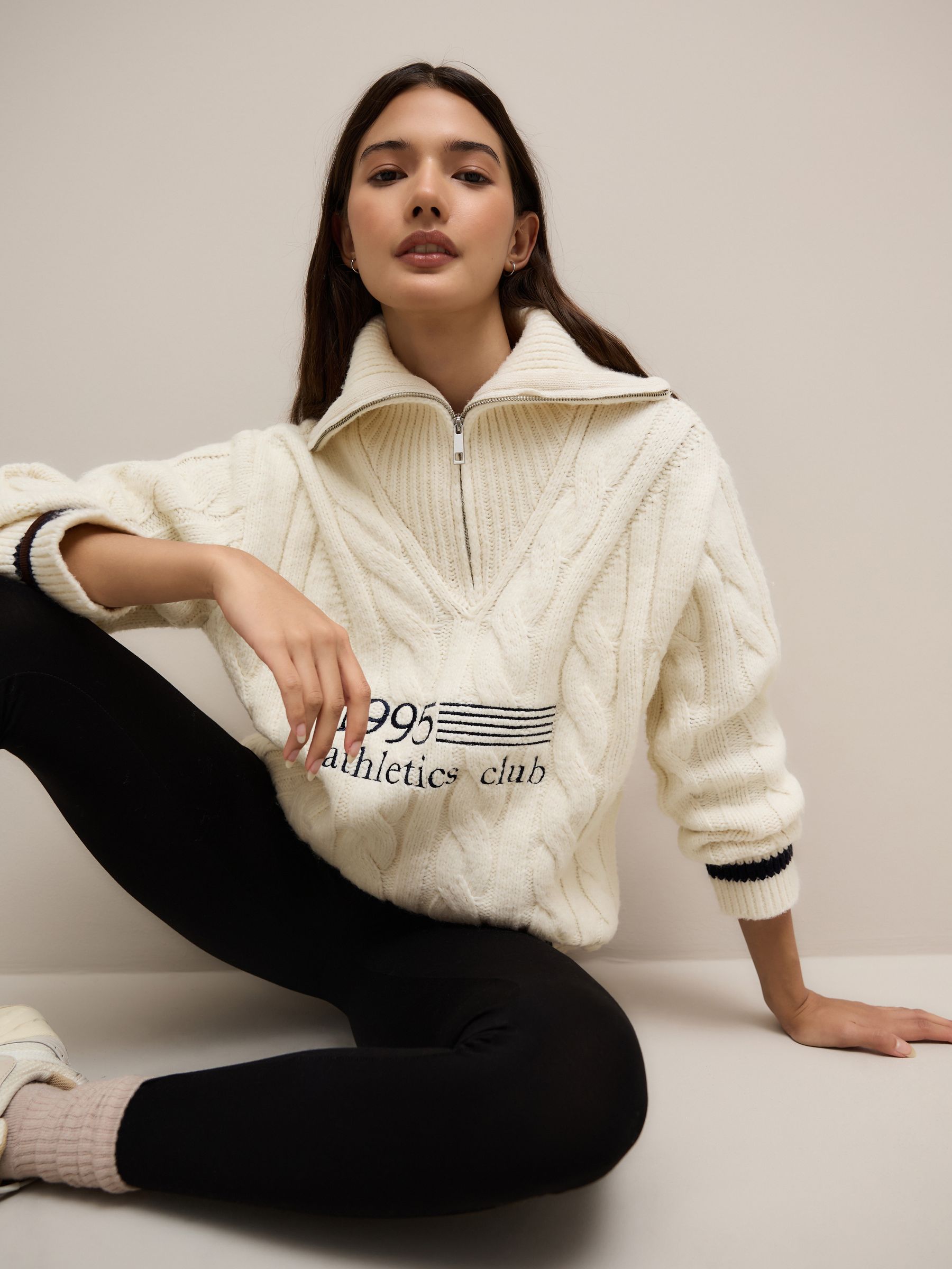 Ecru Cream Cable Zip Neck 1995 Graphic Jumper