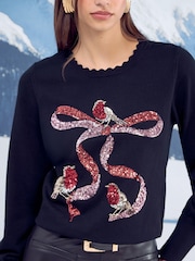 Lipsy Black Robin Bow Christmas Crew Neck Knitted Jumper - Image 1 of 3