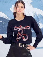 Lipsy Black Robin Bow Christmas Crew Neck Knitted Jumper - Image 2 of 3