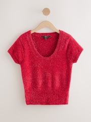 Cherry Red Sparkle Scoop Neck Waisted T-Shirt - Image 1 of 3