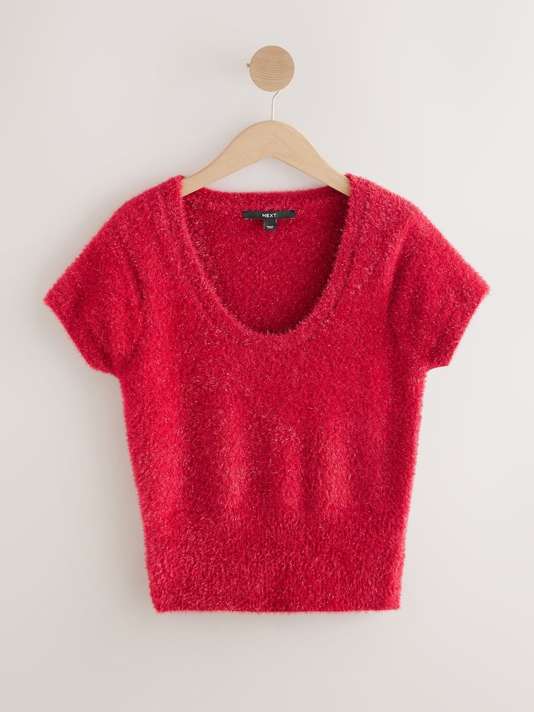 Cherry Red Sparkle Scoop Neck Waisted T-Shirt - Image 1 of 3