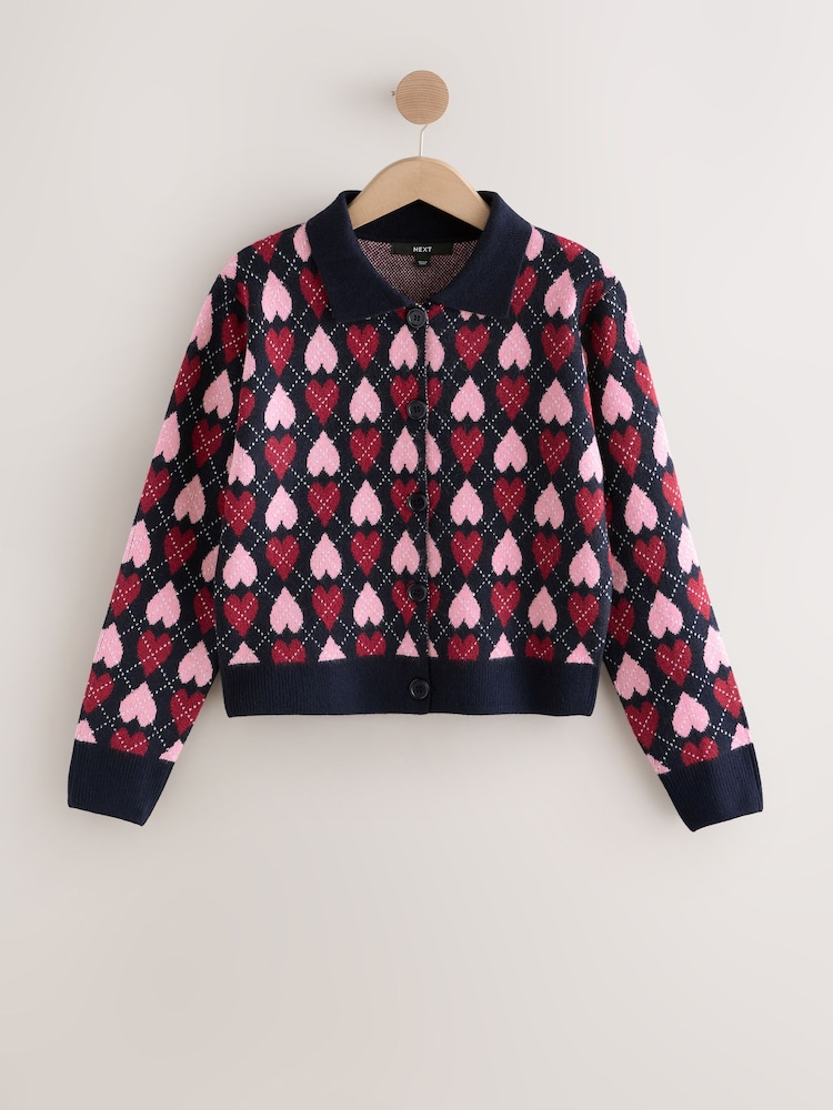 Navy Blue and Pink Heart Supersoft Knitted Shirt Collar Cardigan - Image 1 of 4